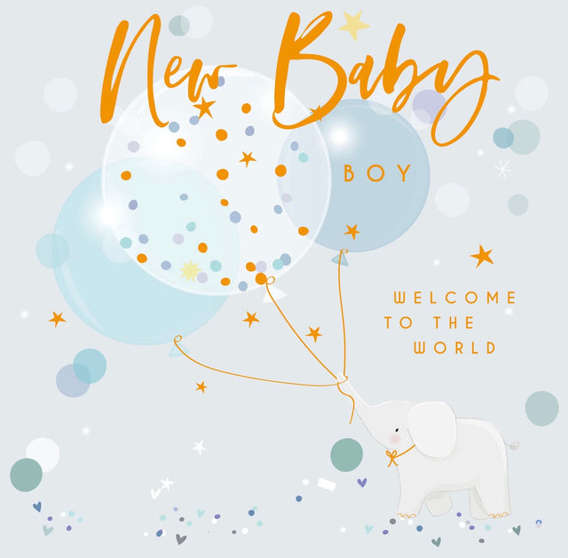 New Baby Boy Card - Elephant & Balloons