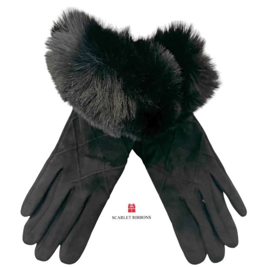 Black Line Detail Glove with Faux Fur Cuff