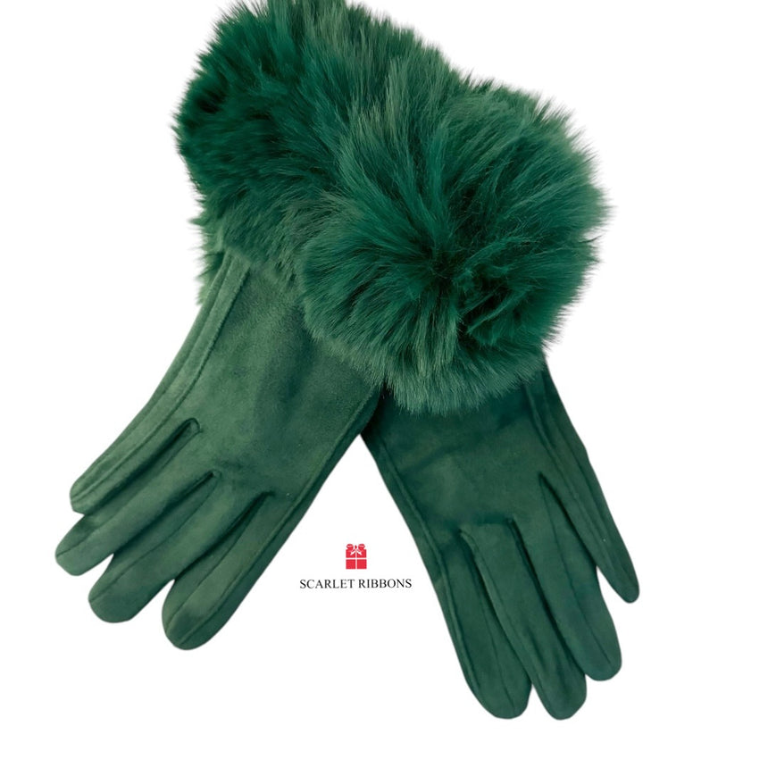 Green Gloves with Faux Fur Cuff