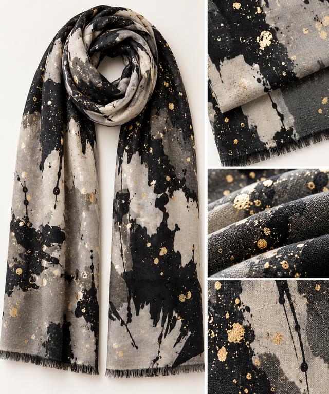 Metallic Fleck Print Scarf - Black/Grey/Gold