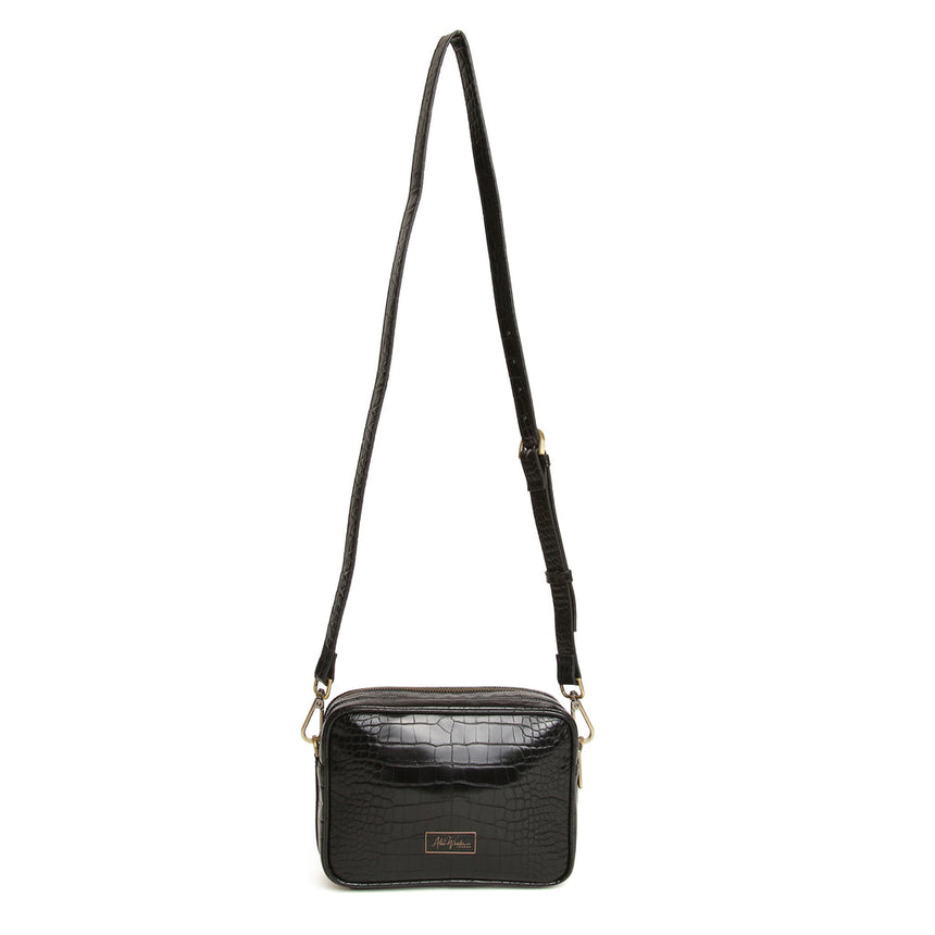 Alice Wheeler Black Croc Double Zip Camera Crossbody Bag