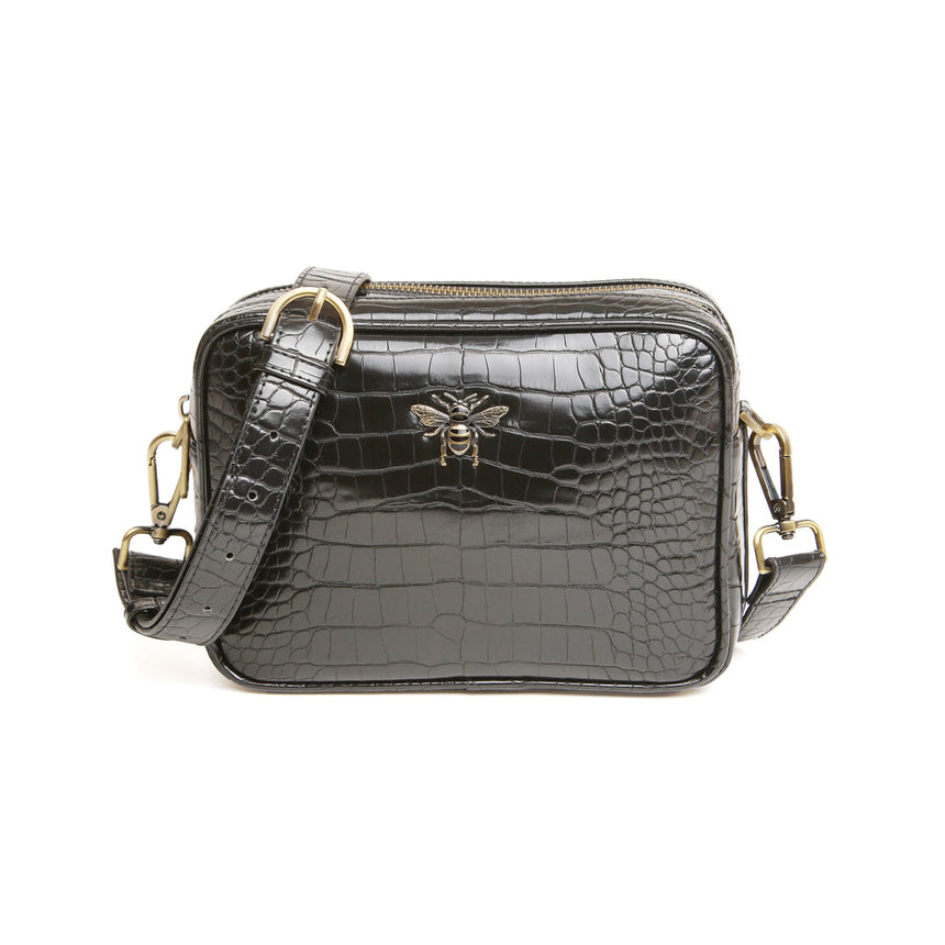 Alice Wheeler Black Croc Double Zip Camera Crossbody Bag