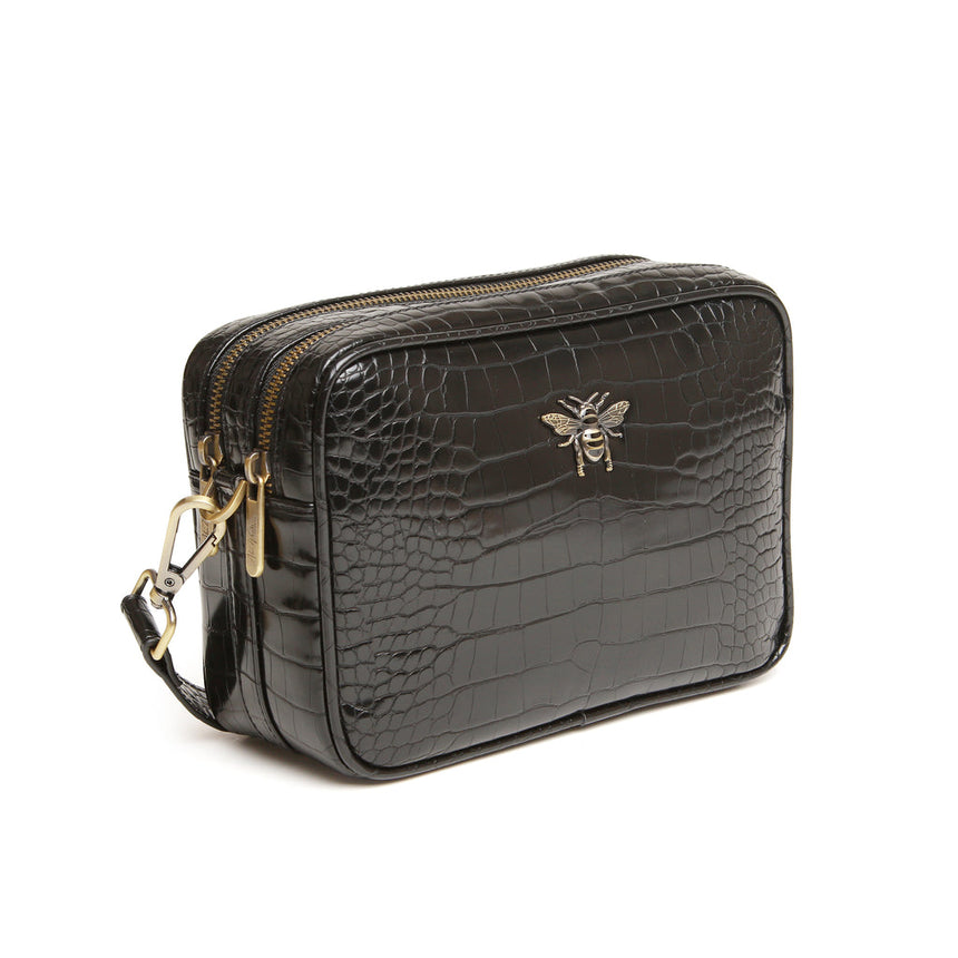 Alice Wheeler Black Croc Double Zip Camera Crossbody Bag