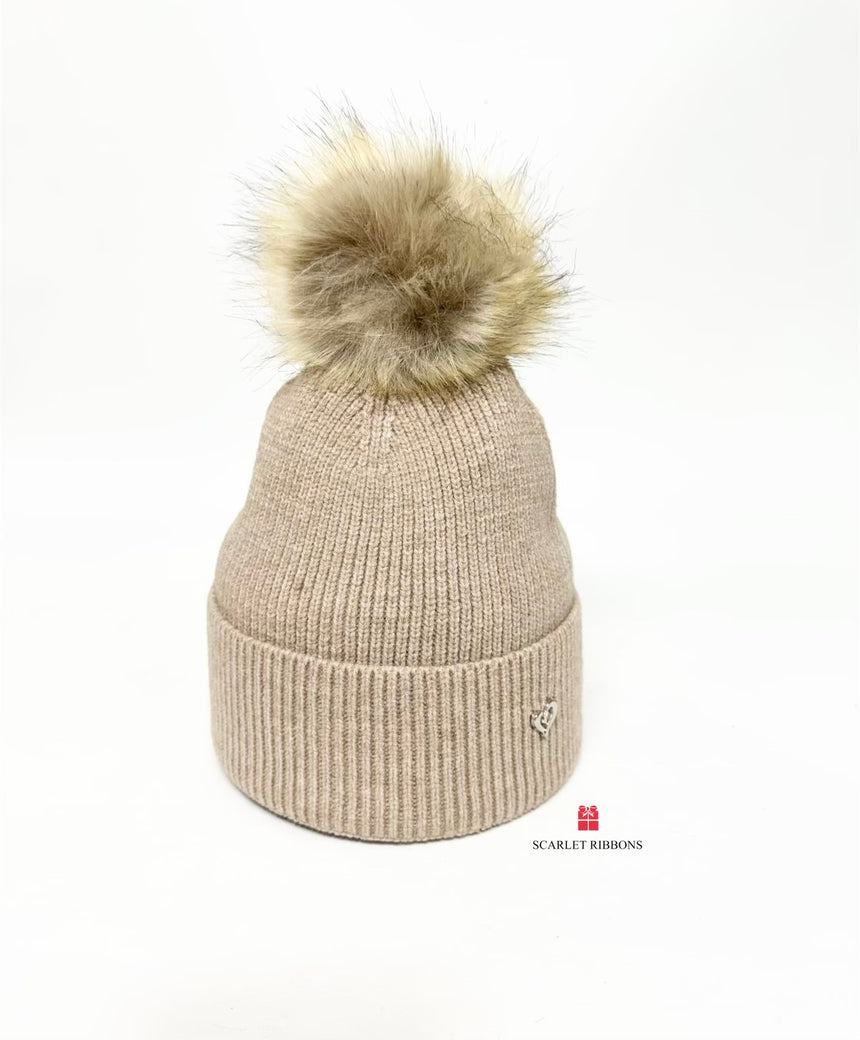 Ribbed Pom Pom Hat - Stone