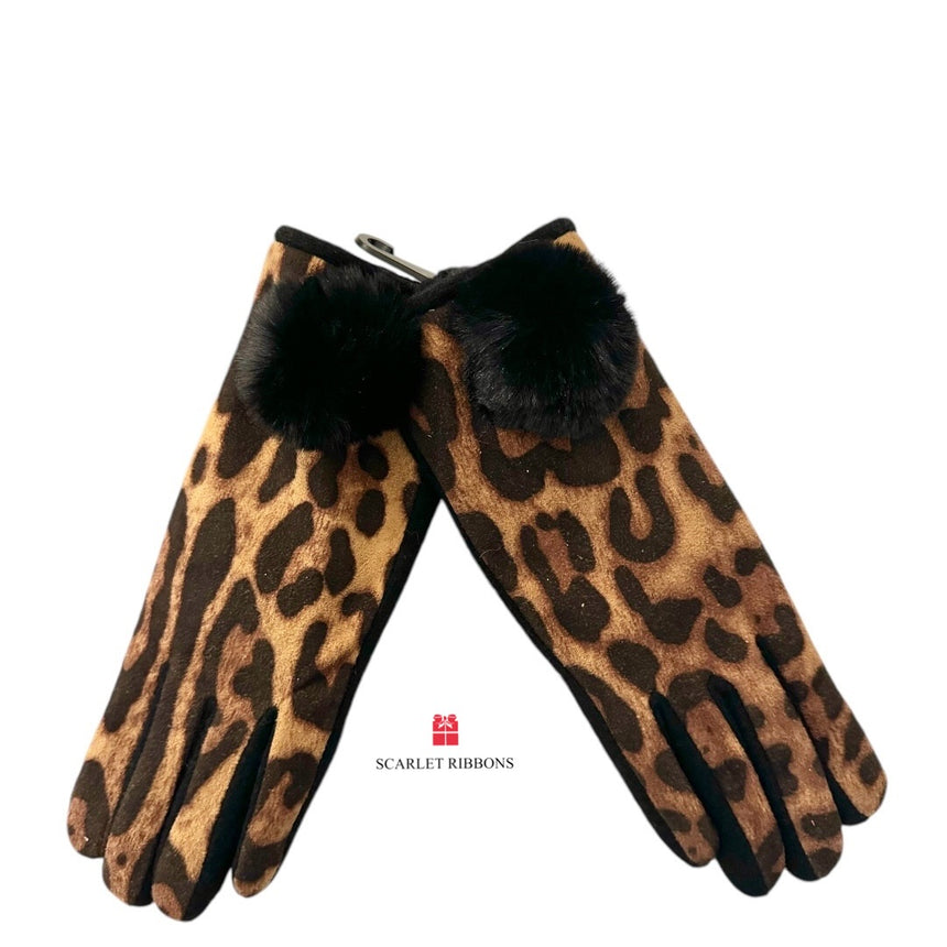 Leopard Print Gloves with Faux Fur Pom Pom