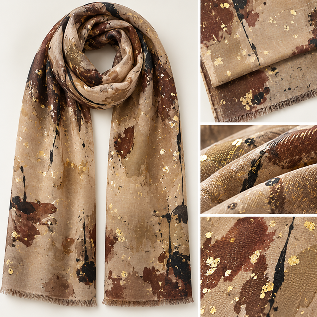 Metallic Fleck Print Scarf - Beige/Gold