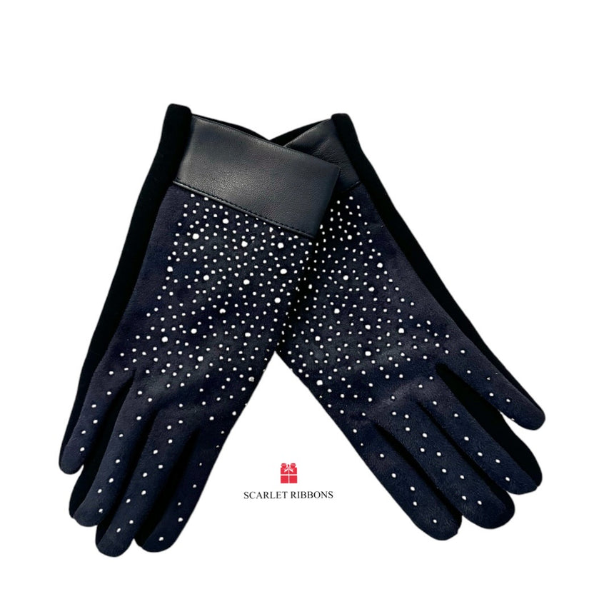 Navy Sparkle Gloves with Leatherette Cuff