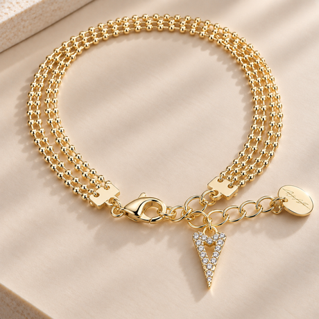 Double Chain Bracelet with Crystal Heart Charm  - Gold