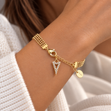 Double Chain Bracelet with Crystal Heart Charm  - Gold