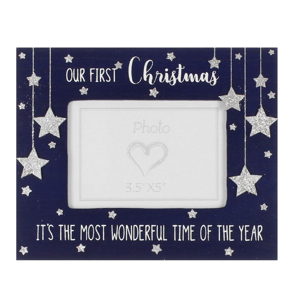 'Our First Christmas' Blue Wooden Picture Frame