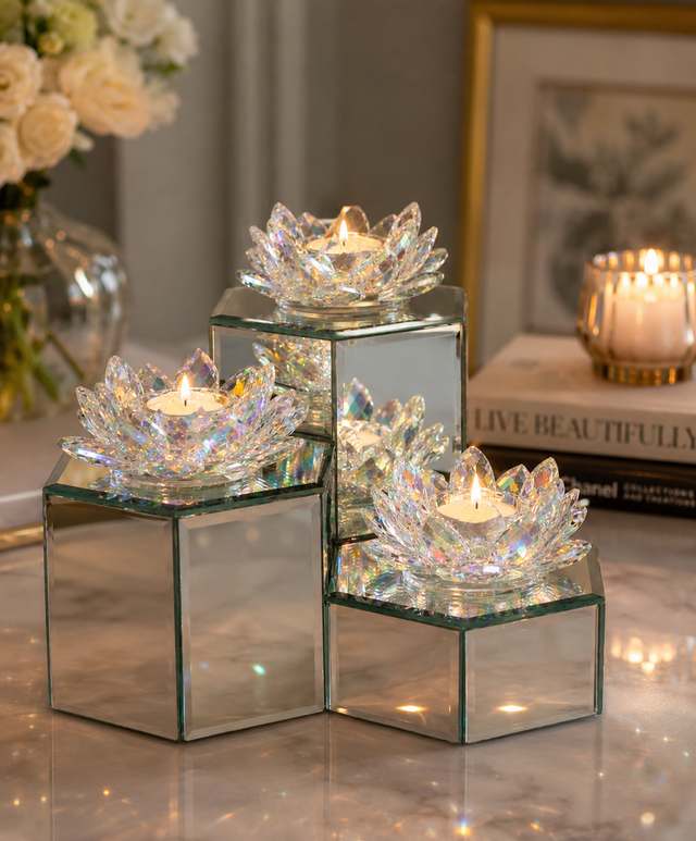 Mirror Crystal Lotus Triple Tealight Holder