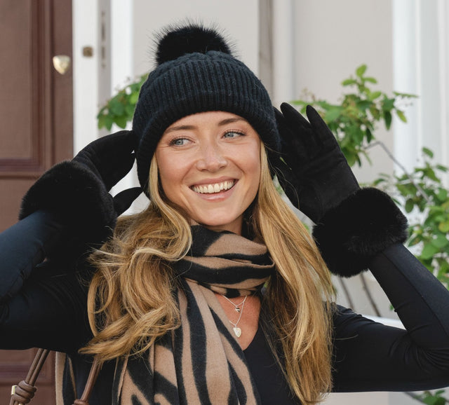 Faux Fur Cuff Gloves - Black
