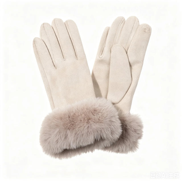 Faux Fur Cuff Gloves - Cream