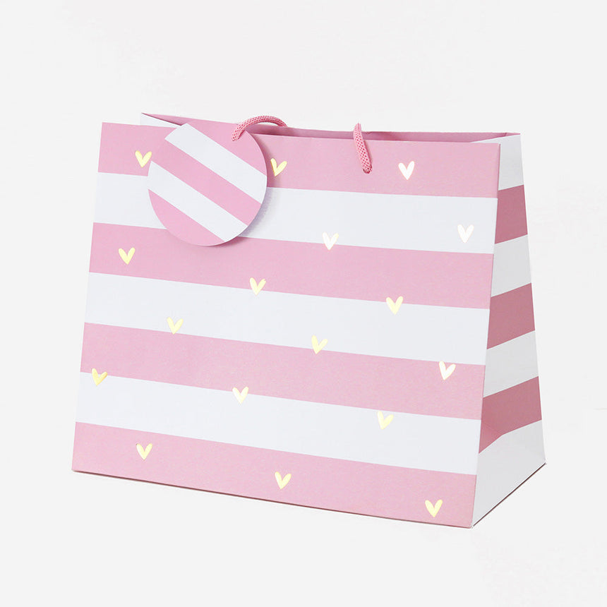 Belly Button Giftware Pink Stripes And Hearts Gift Bag Med