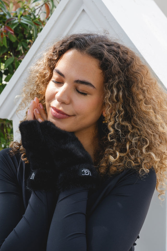 Faux Fur Fingerless Mitts - Black