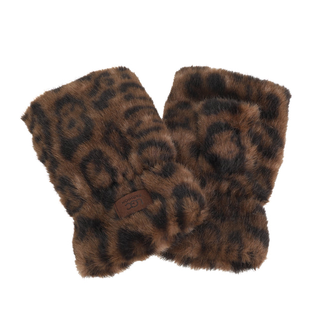 Faux Fur Fingerless Mitts - Leopard