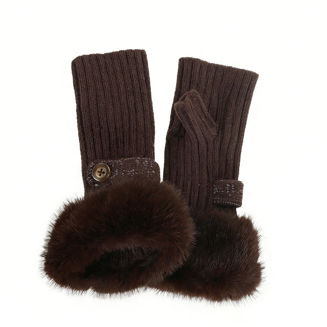 Knitted Faux Fur Fingerless Gloves - Chocolate