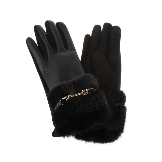 Faux Fur Cuff with Horse Bit Detail Gloves - Black