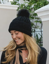 Knitted Hat with Faux Fur Pompom - Black