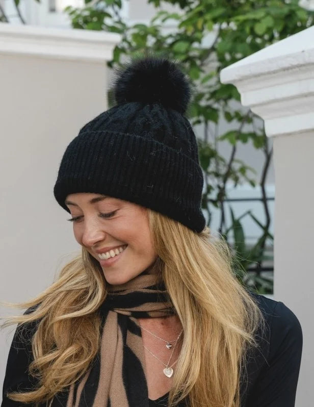 Knitted Hat with Faux Fur Pompom - Black