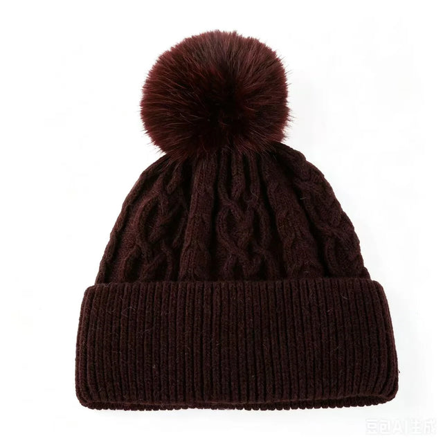 Knitted Hat with Faux Fur Pompom - Wine