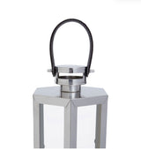 Large Silver Hexagonal Lantern with Leather Handle