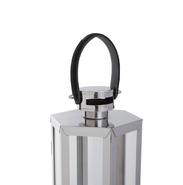 Small Silver Hexagonal Lantern with Leather Handle