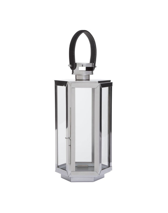 Small Silver Hexagonal Lantern with Leather Handle