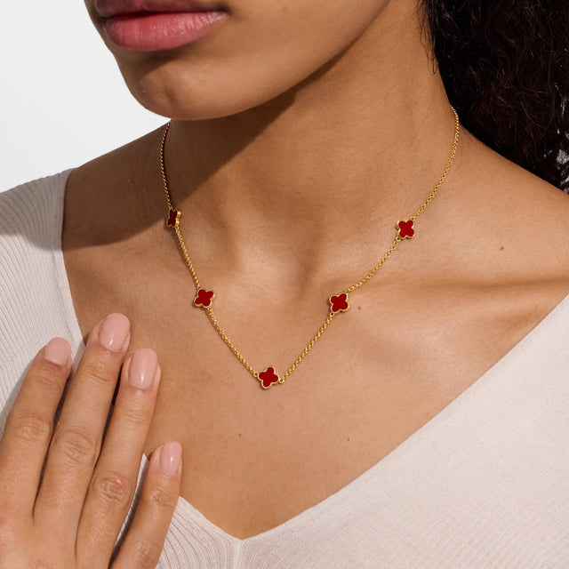 Joma Signature Clover Gold Plated Necklace - Red