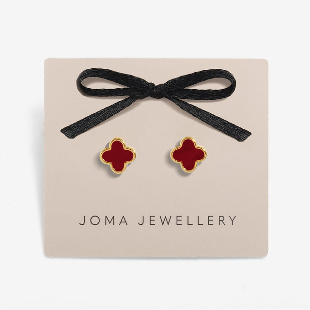 Joma Signature Clover Gold Plated Earrings- Red