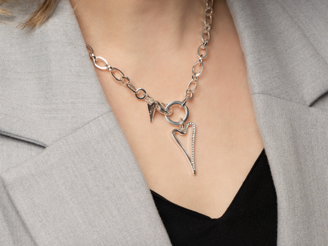 Miss Dee Silver Link Necklace with 1/2 Diamante Heart