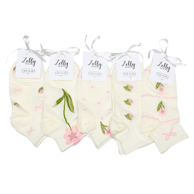 Off White Flower Ribbed Bow Trainer Socks