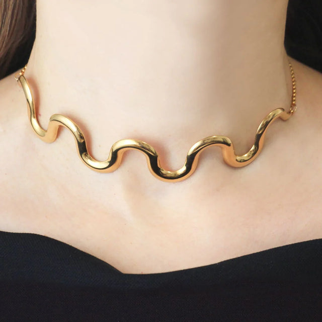 Wave Choker Style Necklace - Gold