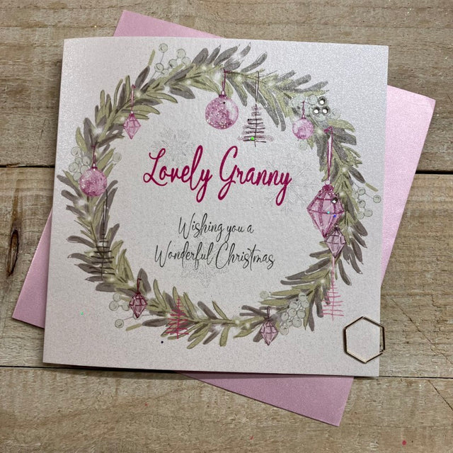 Granny Pink Baubles Wreath Christmas Card