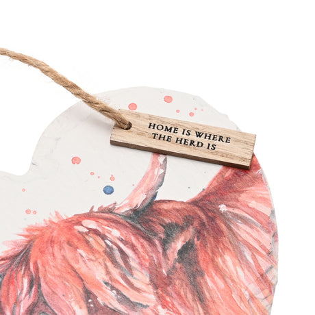 Slate Highland Cow Hanging Heart