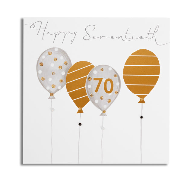 Happy Seventieth Birthday Card - Golden Balloons