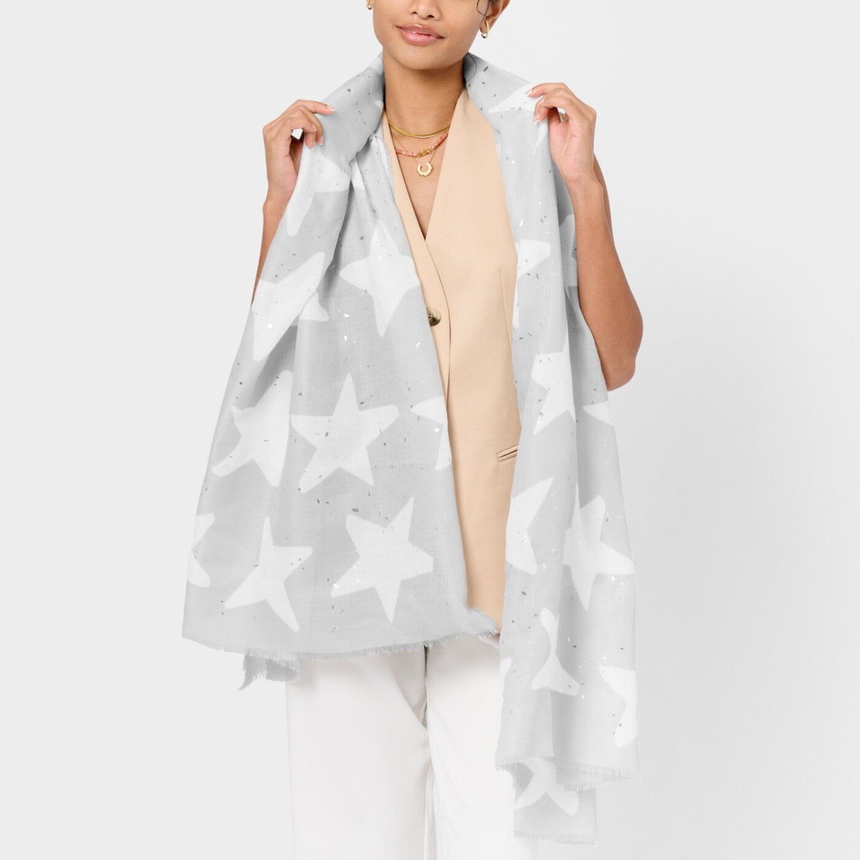 Katie Loxton Starshine Printed Foil Scarf - Pale Grey/White/Silver