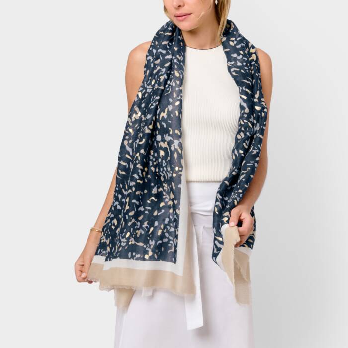 Katie Loxton Terazzo Printed Foil Scarf - Navy/Taupe/Gold