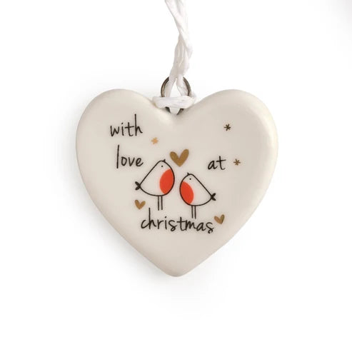 Robin With Love At Christmas Heart Mini Hanging Decoration