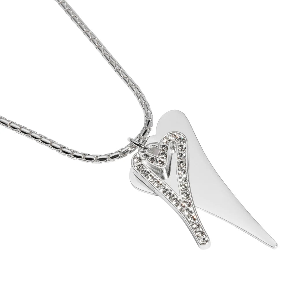 Miss Dee Silver Long Necklace with Double Solid/Hollow Heart