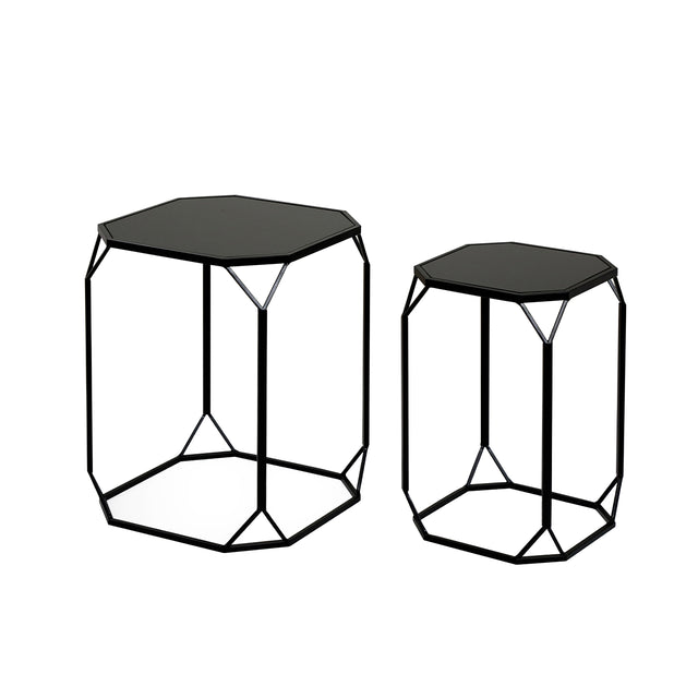 Set of 2 Black Metal Nesting Tables With Black Mirrored Tabletop