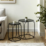 Set of 2 Black Metal Nesting Tables With Black Mirrored Tabletop