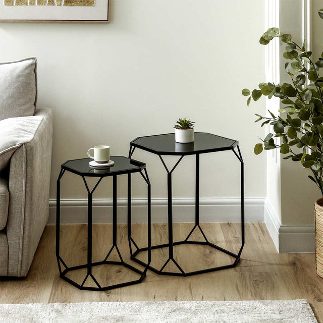 Set of 2 Black Metal Nesting Tables With Black Mirrored Tabletop