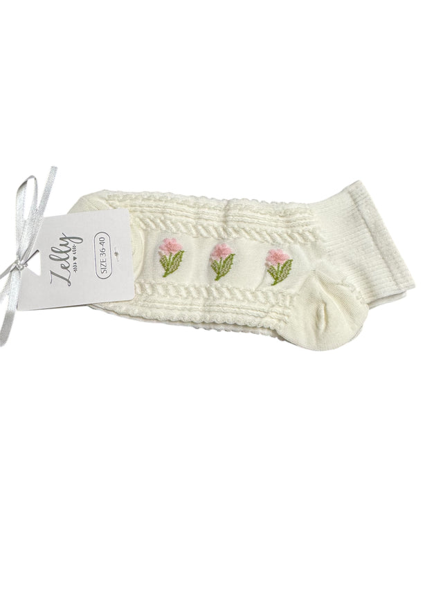 Off White 3 Flower Ribbed Trainer Socks