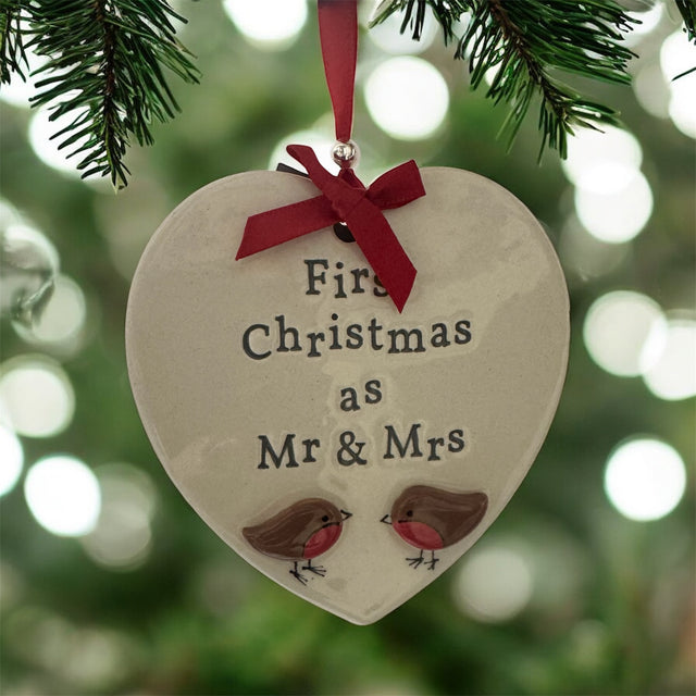 First Xmas as Mr & Mrs Embellished Love Birds Ceramic Heart
