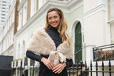 Faux Fur With Ribbon Tie Shawl Scarf - Cream