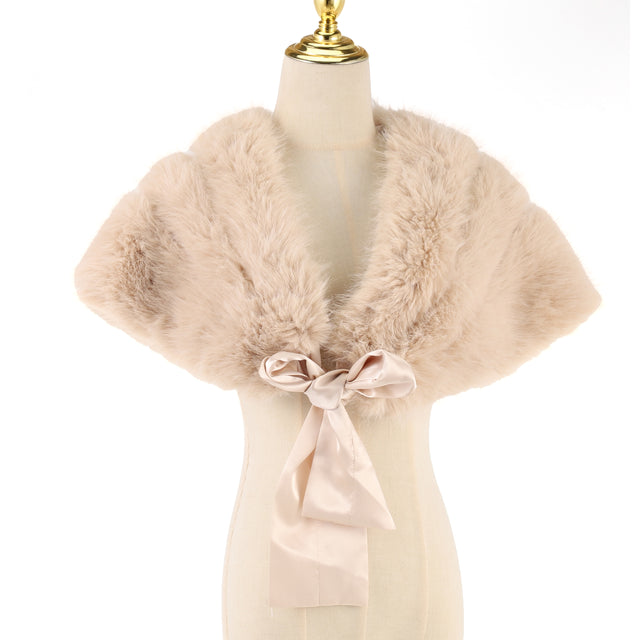 Faux Fur With Ribbon Tie Shawl Scarf - Cream