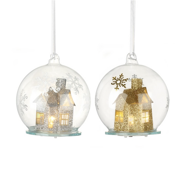 Glass Bauble with House and LED Light
