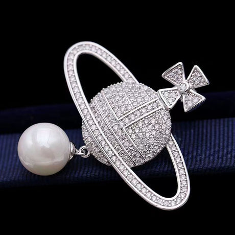 Orb Crown Brooch with Pearl - Silver