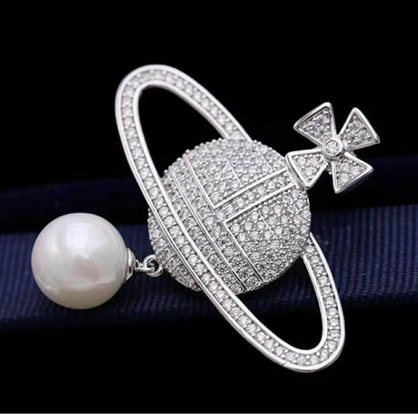 Orb Crown Brooch with Pearl - Silver